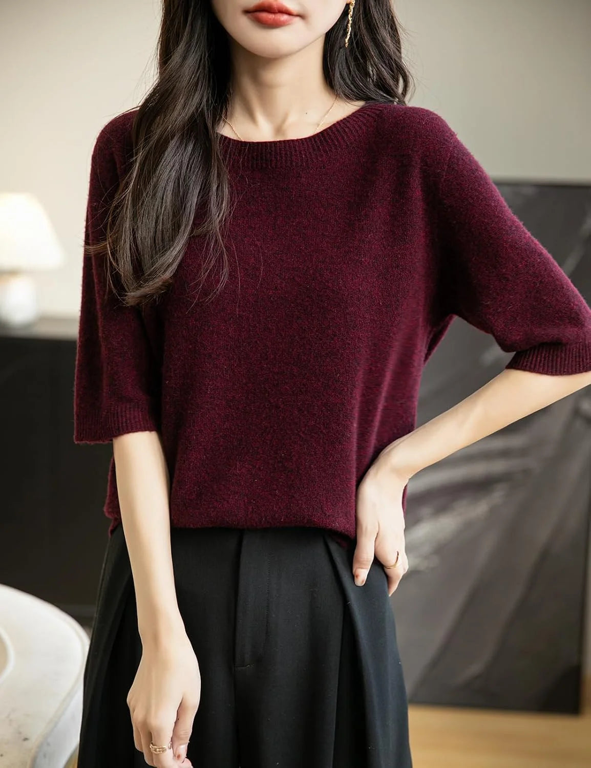 Chanyarn Women's 100% Merino Wool Spring Fall Winter First-Line Ready to Wear Seamless Knit Crewneck Short Sleeve Sweater