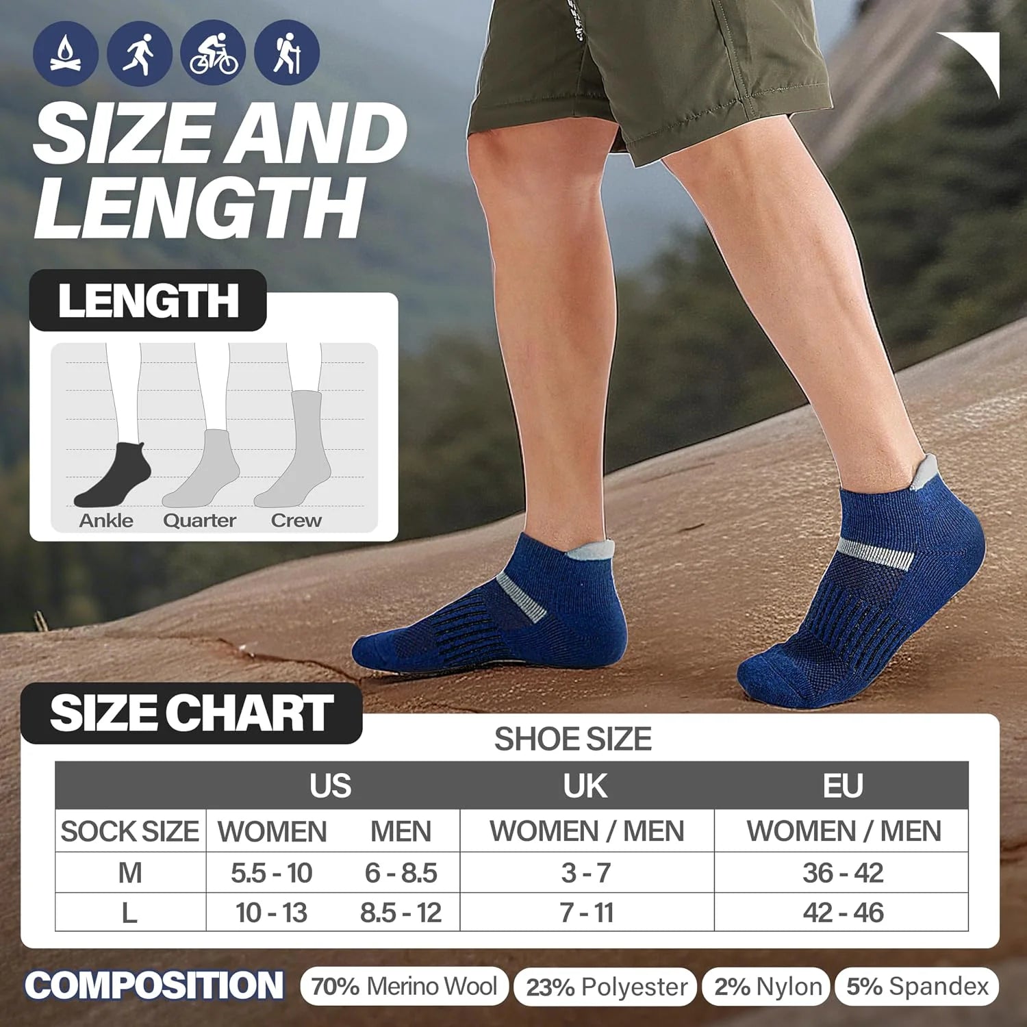 Anlisim Merino Wool Ankle Running Hiking Socks for Women and Men | 6 Pairs, Compression Support, Breathable, Thick Cushion, Enhanced Padding, Moisture Wicking, No Show Socks