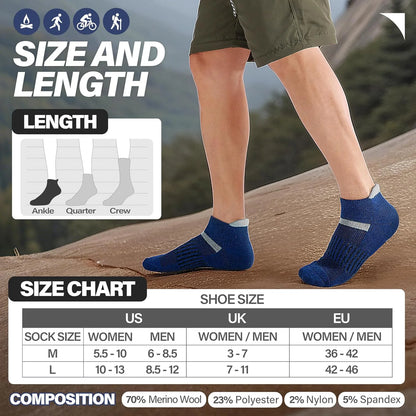 Anlisim Merino Wool Ankle Running Hiking Socks for Women and Men | 6 Pairs, Compression Support, Breathable, Thick Cushion, Enhanced Padding, Moisture Wicking, No Show Socks