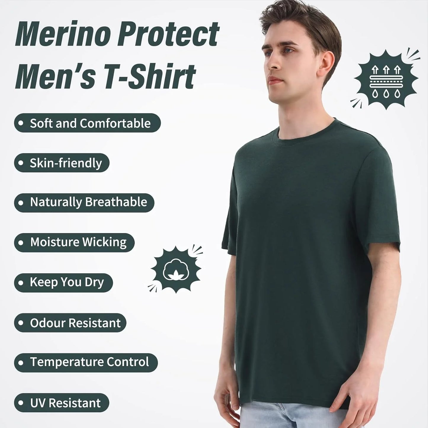 Merino Protect 100% Merino Wool T Shirts for Men Odor Resistance Base Layer Hiking Travel T-Shirt Soft Undershirt