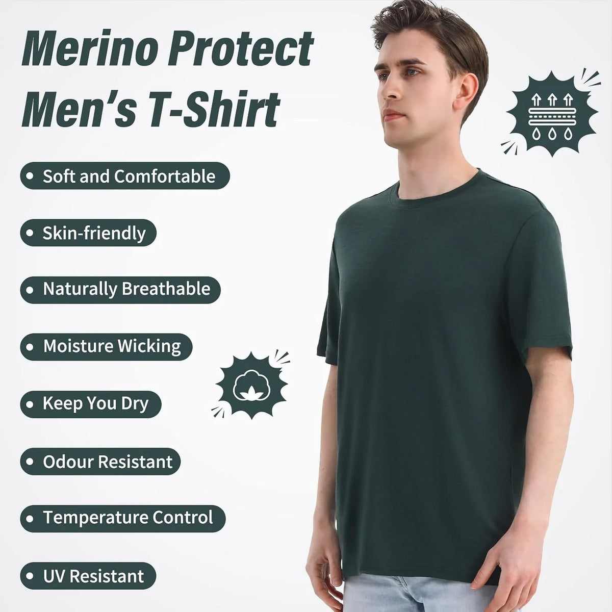 Merino Protect 100% Merino Wool T Shirts for Men Odor Resistance Base Layer Hiking Travel T-Shirt Soft Undershirt