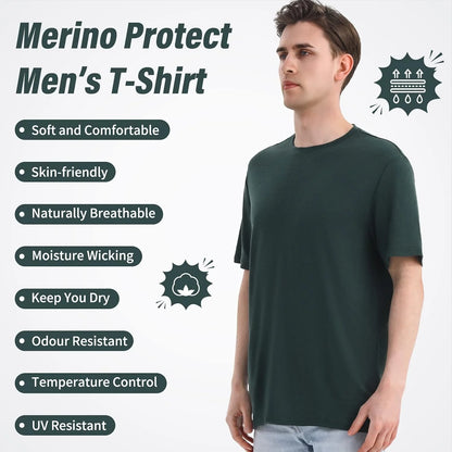 Merino Protect 100% Merino Wool T Shirts for Men Odor Resistance Base Layer Hiking Travel T-Shirt Soft Undershirt