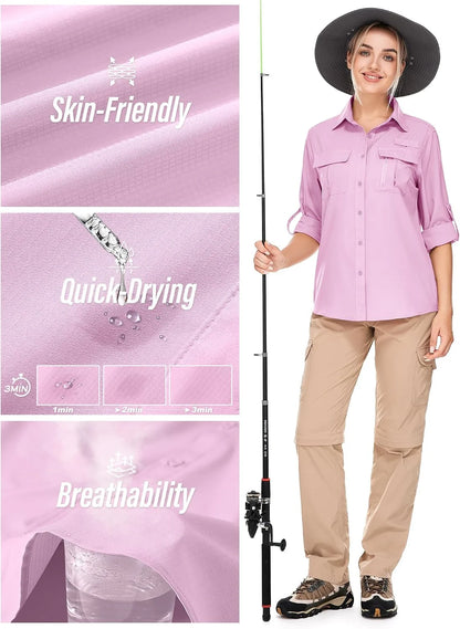 Women's UPF 50 Long Sleeve Sun Protection Safari Fish Hiking Shirts