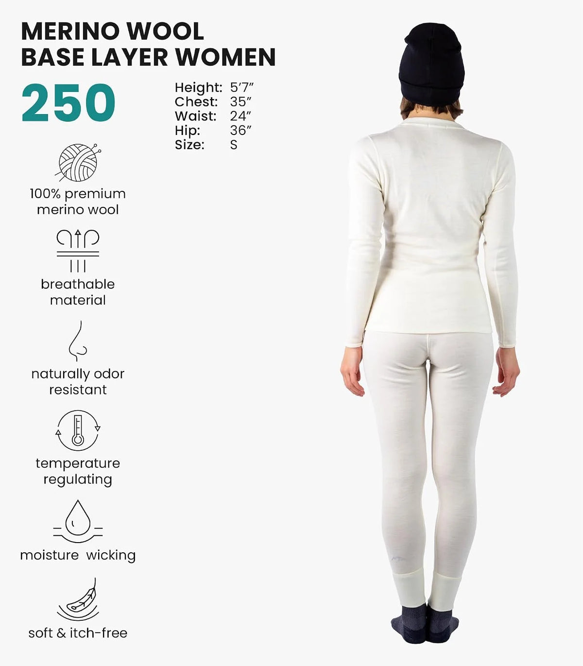 100% Merino Wool Base Layer Women Set - Thermal Underwear Women Top, Bottom