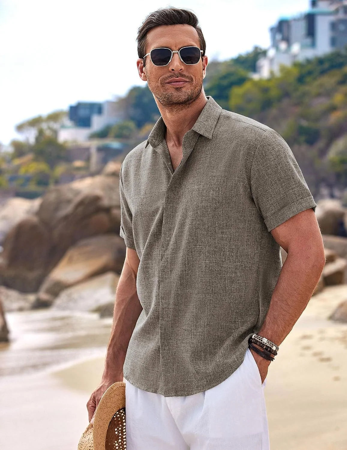COOFANDY Men's Linen Shirts Short Sleeve Casual Shirts Button Down Shirt for Men Beach Summer Wedding Shirt