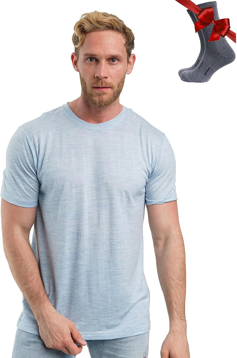 100% Merino Wool T-Shirt Men - Base Layer Top Undershirt with Hiking Socks | Lightweight, Breathable Merino Wool Thermal Shirt, Naturally Odor-Resistant, Moisture-Wicking, Ideal for Hiking, Travel