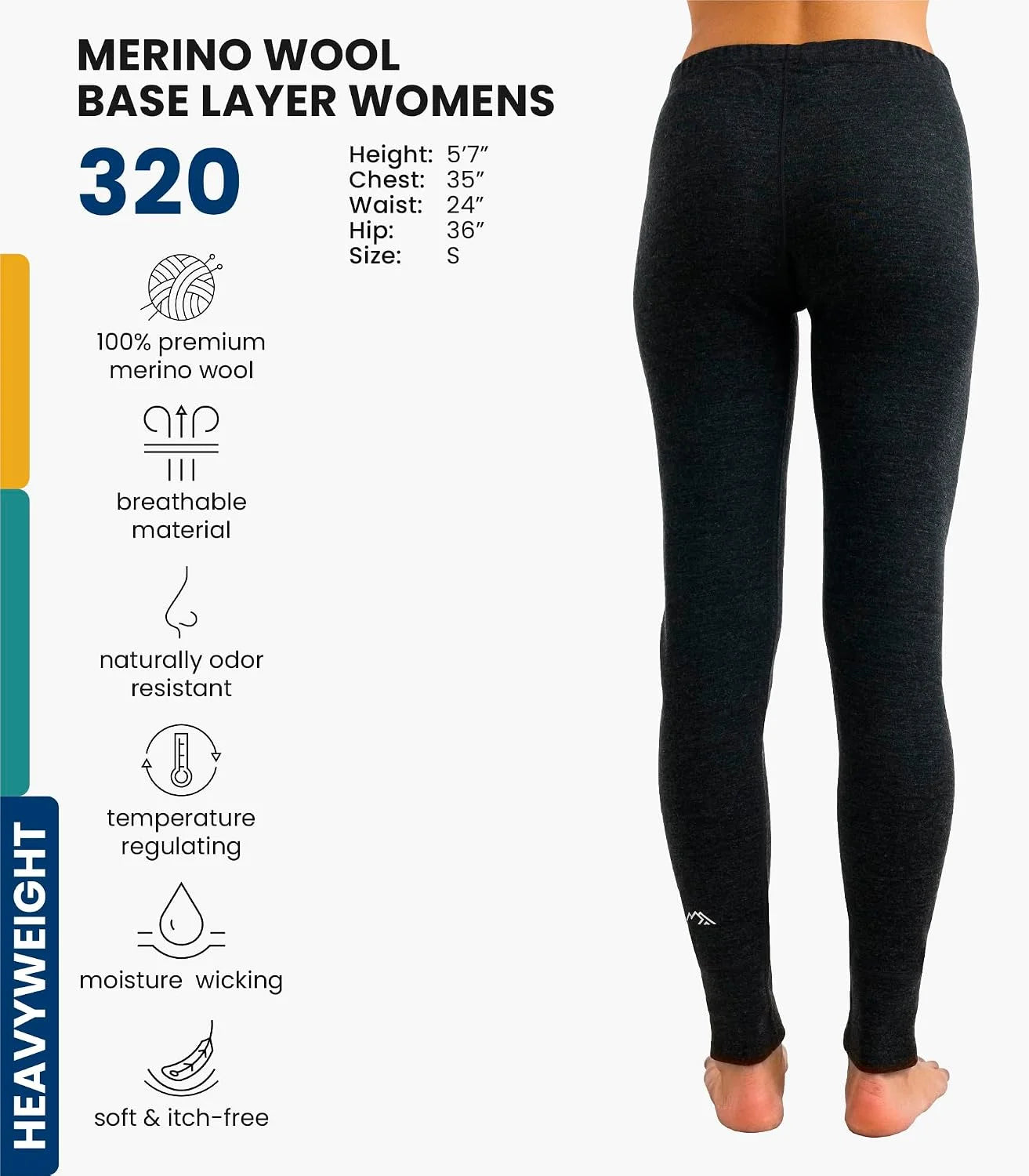 100% Merino Wool Base Layer Women Pants - Thermal Leggings Underwear | Lightweight, Midweight, Heavyweight Base Layer, Breathable Pants, Odor-Resistant, Ideal for Hiking, Skiing, Cold Weather