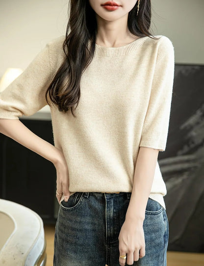 Chanyarn Women's 100% Merino Wool Spring Fall Winter First-Line Ready to Wear Seamless Knit Crewneck Short Sleeve Sweater