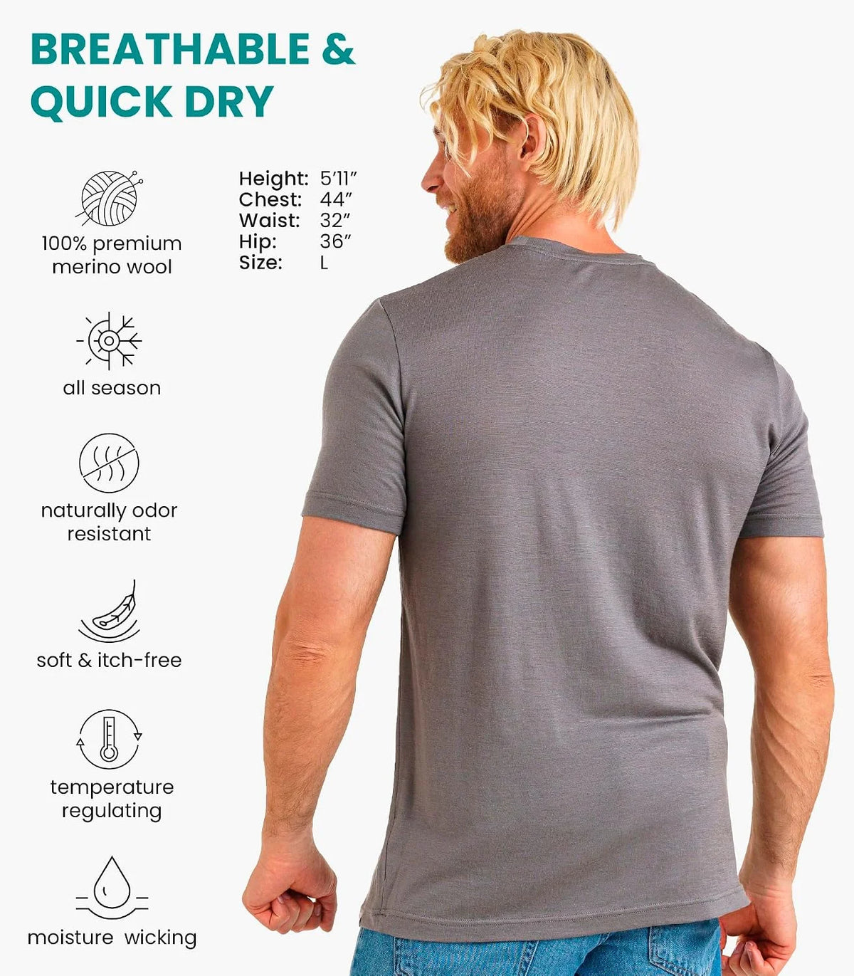 100% Merino Wool T-Shirt Men - Short Sleeve Undershirt Base Layer Top