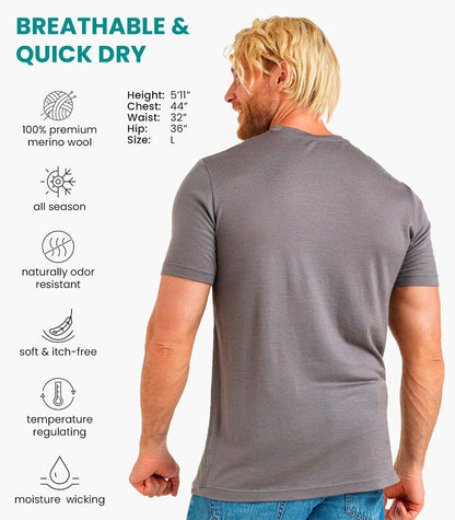 100% Merino Wool T-Shirt Men - Short Sleeve Undershirt Base Layer Top