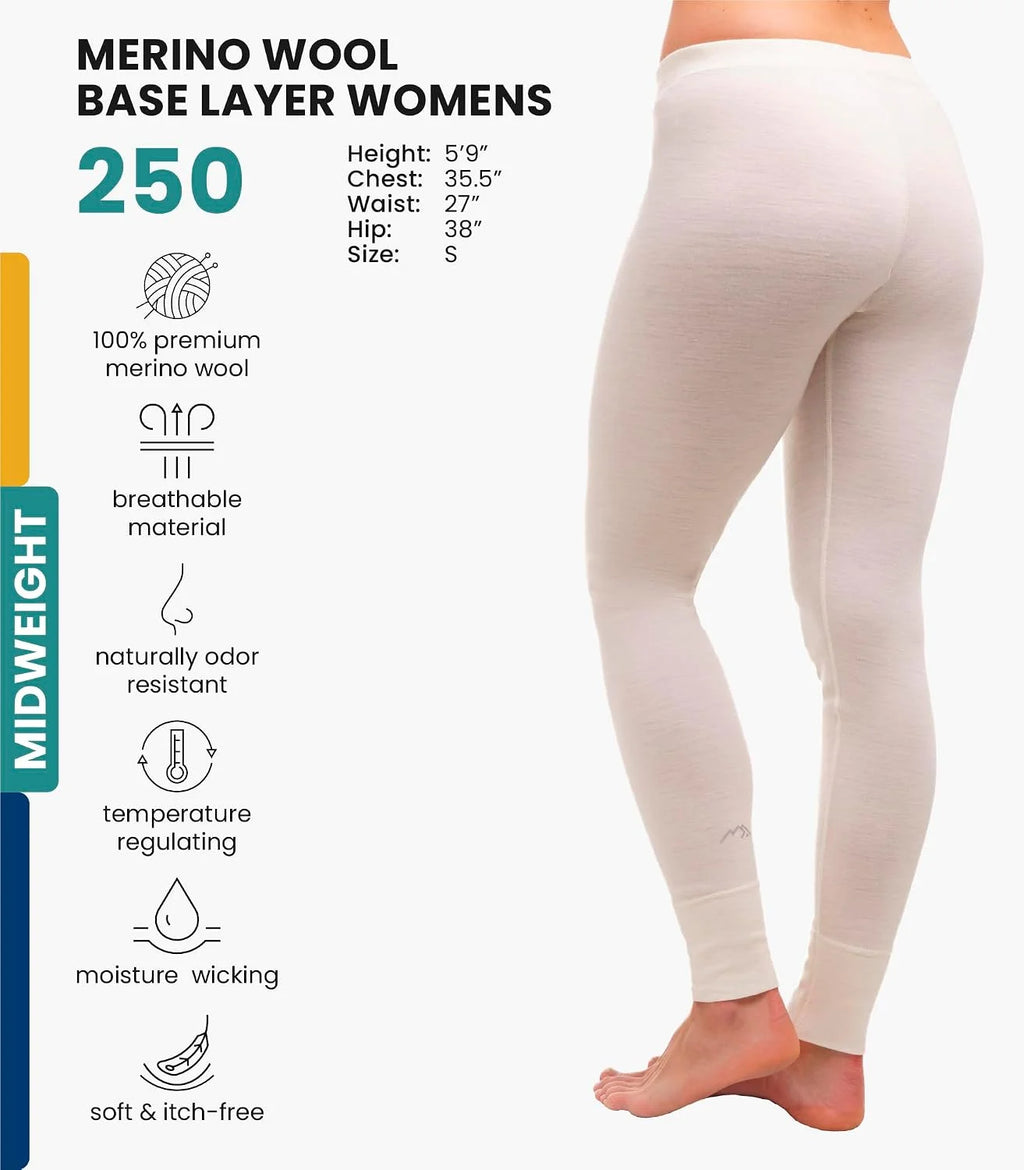 100% Merino Wool Base Layer Women Pants - Thermal Leggings Underwear