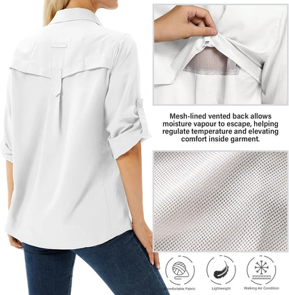 Women's UPF 50 Long Sleeve Sun Protection Safari Fish Hiking Shirts
