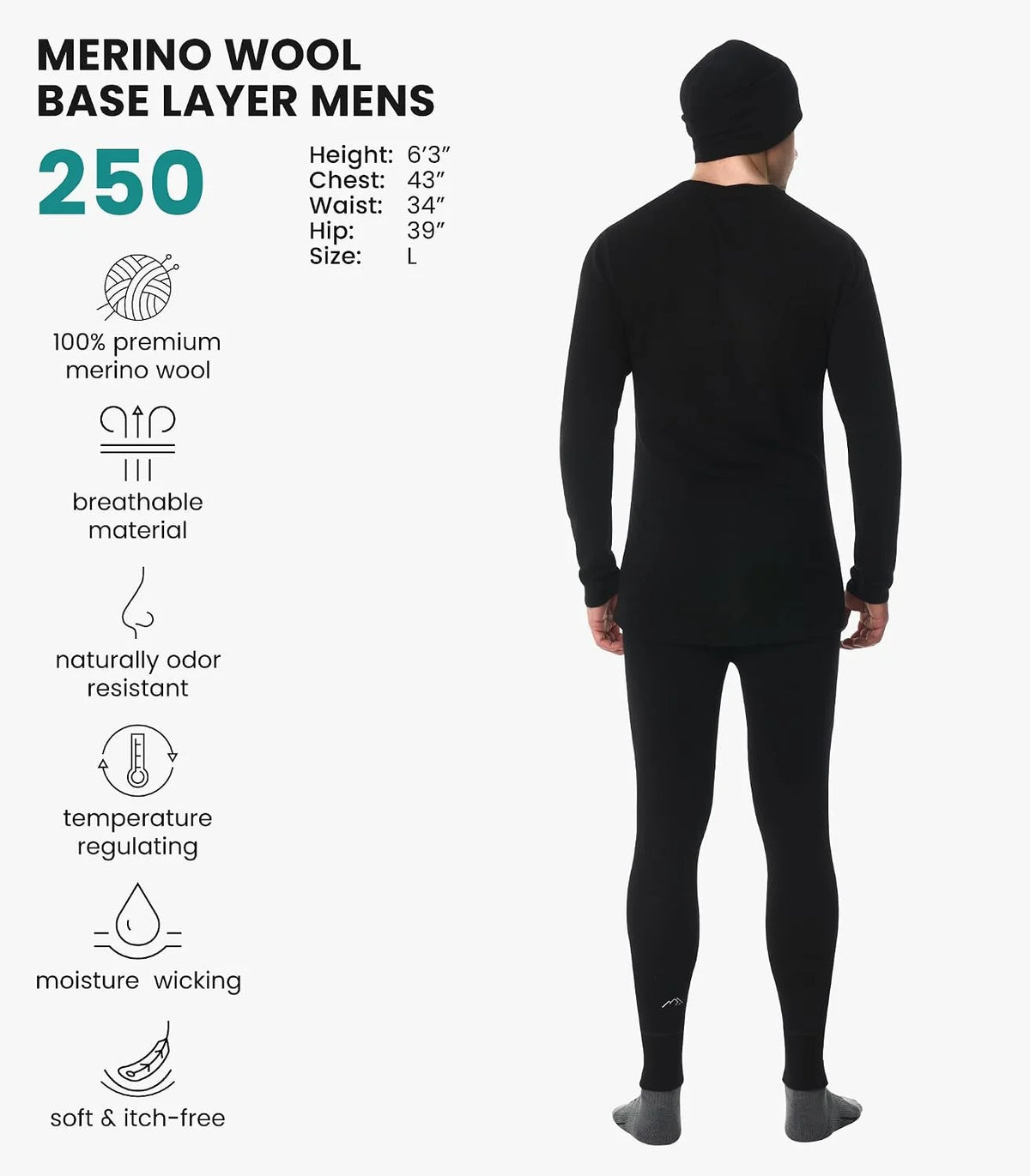100% Merino Wool Base Layer Men Set - Thermal Underwear for Men Long Johns