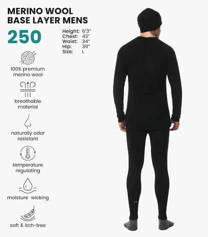 100% Merino Wool Base Layer Men Set - Thermal Underwear for Men Long Johns