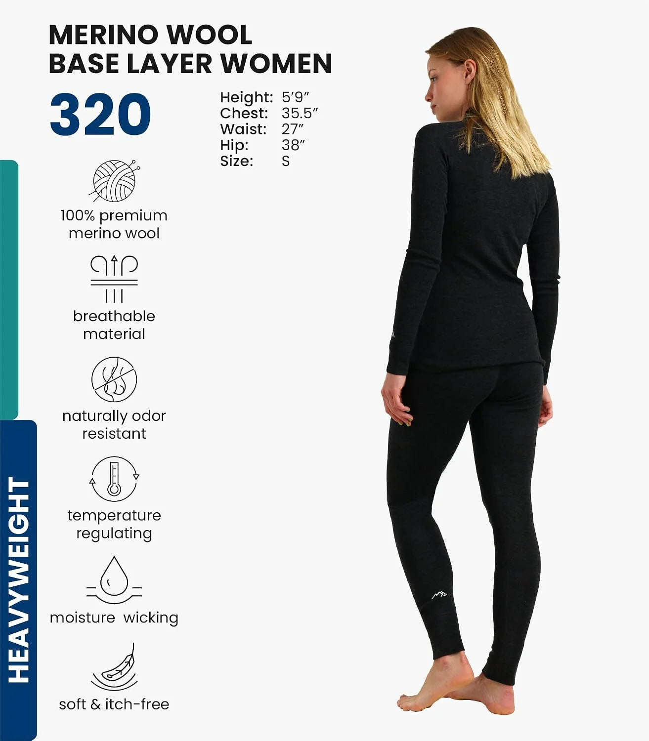 100% Merino Wool Base Layer Women Set - Thermal Underwear Women Top, Bottom