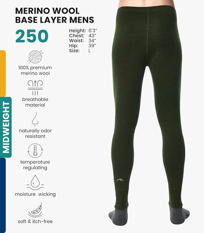 100% Merino Wool Base Layer Mens Pants - Thermal Underwear Long Johns | Lightweight, Midweight, Heavyweight Base Layer, Breathable Leggings, Odor-Resistant Wool, Ideal for Hiking, Skiing, Winter