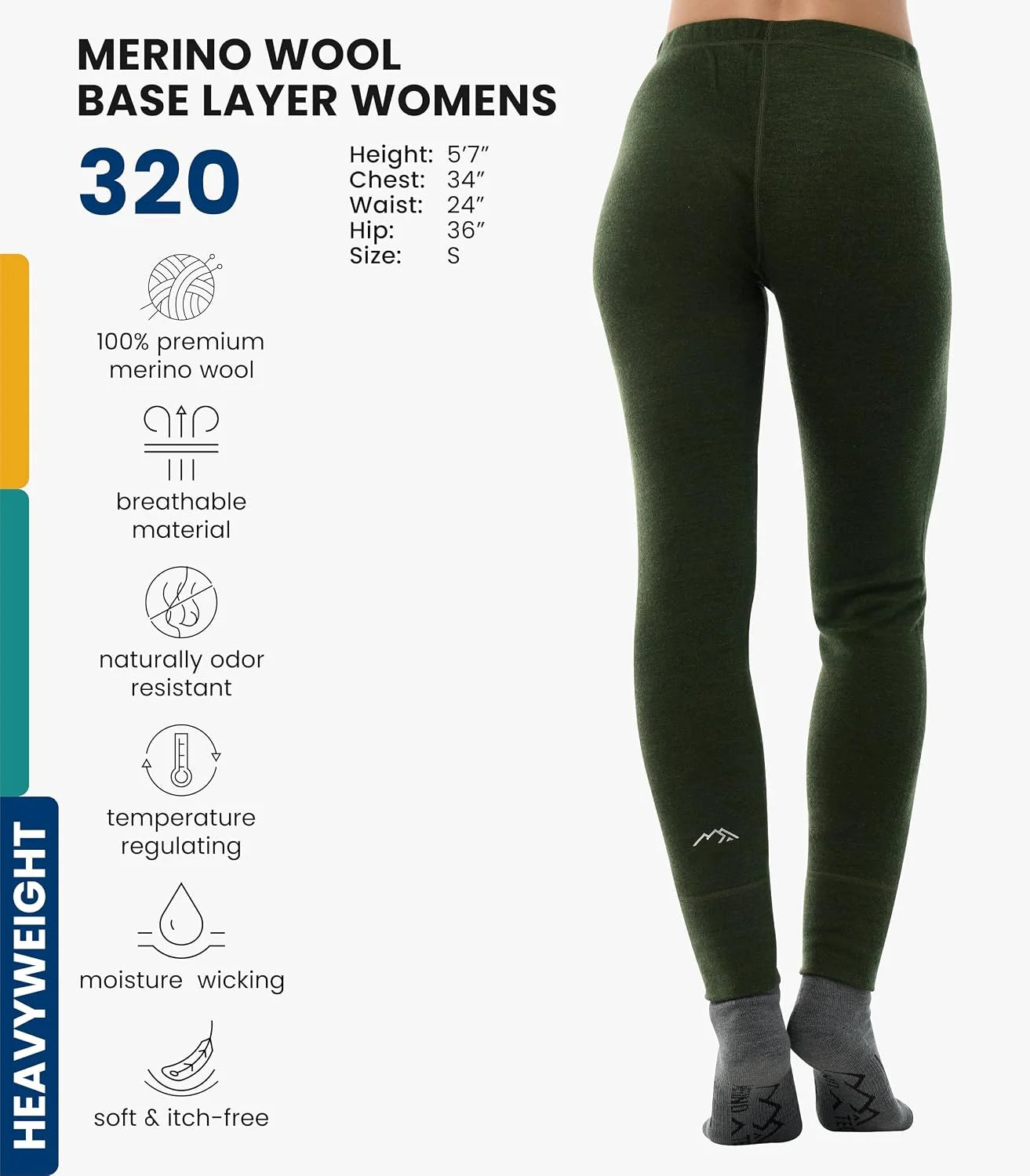100% Merino Wool Base Layer Women Pants - Thermal Leggings Underwear | Lightweight, Midweight, Heavyweight Base Layer, Breathable Pants, Odor-Resistant, Ideal for Hiking, Skiing, Cold Weather