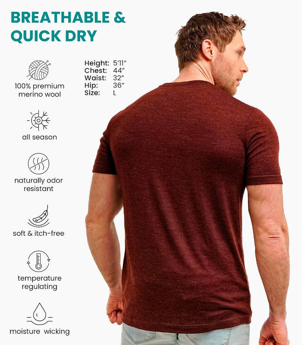 100% Merino Wool T-Shirt Men - Short Sleeve Undershirt Base Layer Top