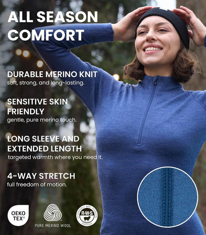 100% Merino Wool Base Layer Women Set - Thermal Underwear Women Top, Bottom | Lightweight, Midweight, Heavyweight Base Layer, Moisture-Wicking, Breathable Active Underwear, Hiking, Skiing, Camping