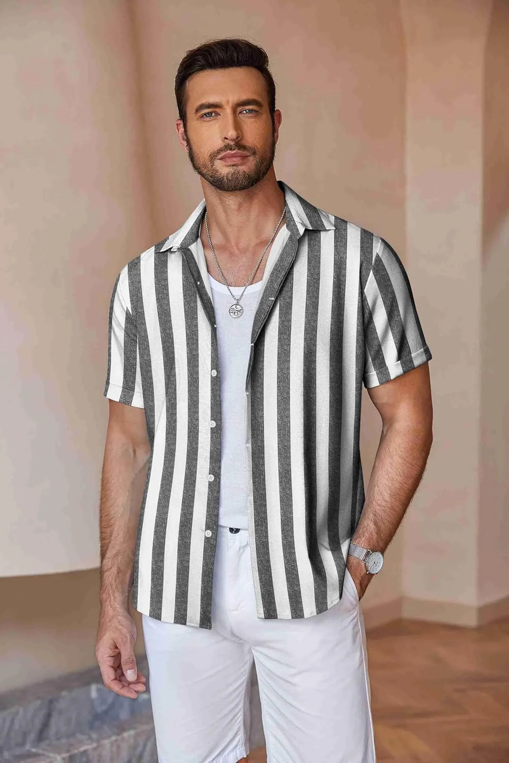 COOFANDY Men's Linen Shirts Short Sleeve Casual Shirts Button Down Shirt for Men Beach Summer Wedding Shirt