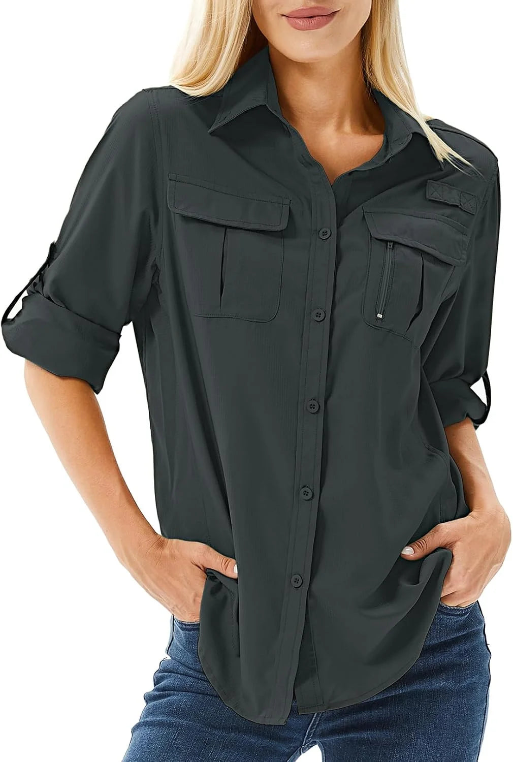 Women's UPF 50 Long Sleeve Sun Protection Safari Fish Hiking Shirts | SPF Safari Clothes for Women,Quick dry Breathable Button Up,Vented Back,Chest Pockets,Glasses Loop,Fishing,Camping,Travel