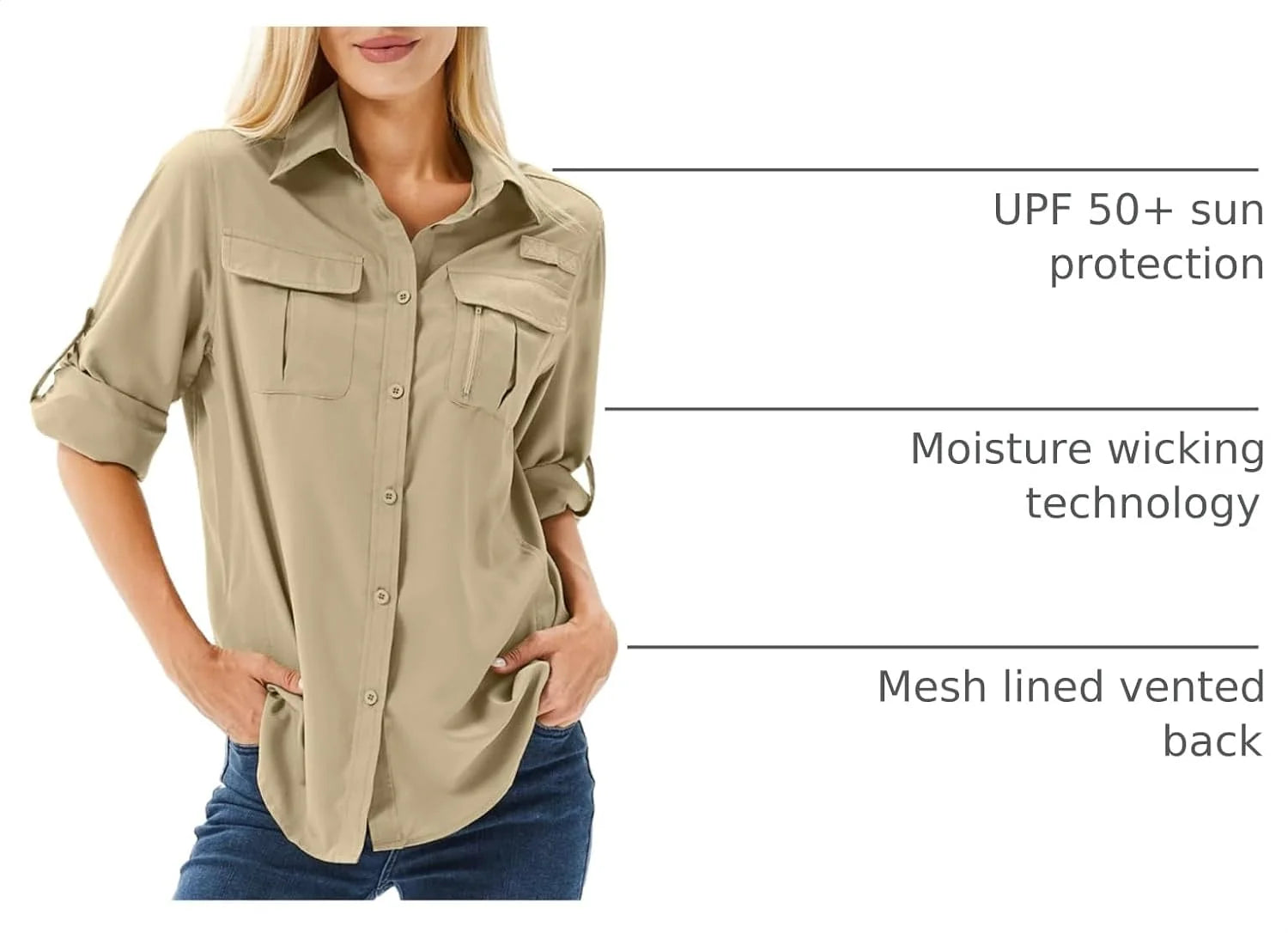 Women's UPF 50 Long Sleeve Sun Protection Safari Fish Hiking Shirts