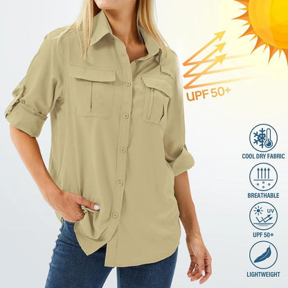 Women's UPF 50 Long Sleeve Sun Protection Safari Fish Hiking Shirts