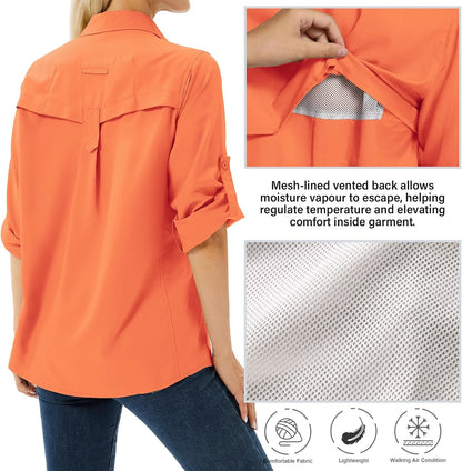 Women's UPF 50 Long Sleeve Sun Protection Safari Fish Hiking Shirts