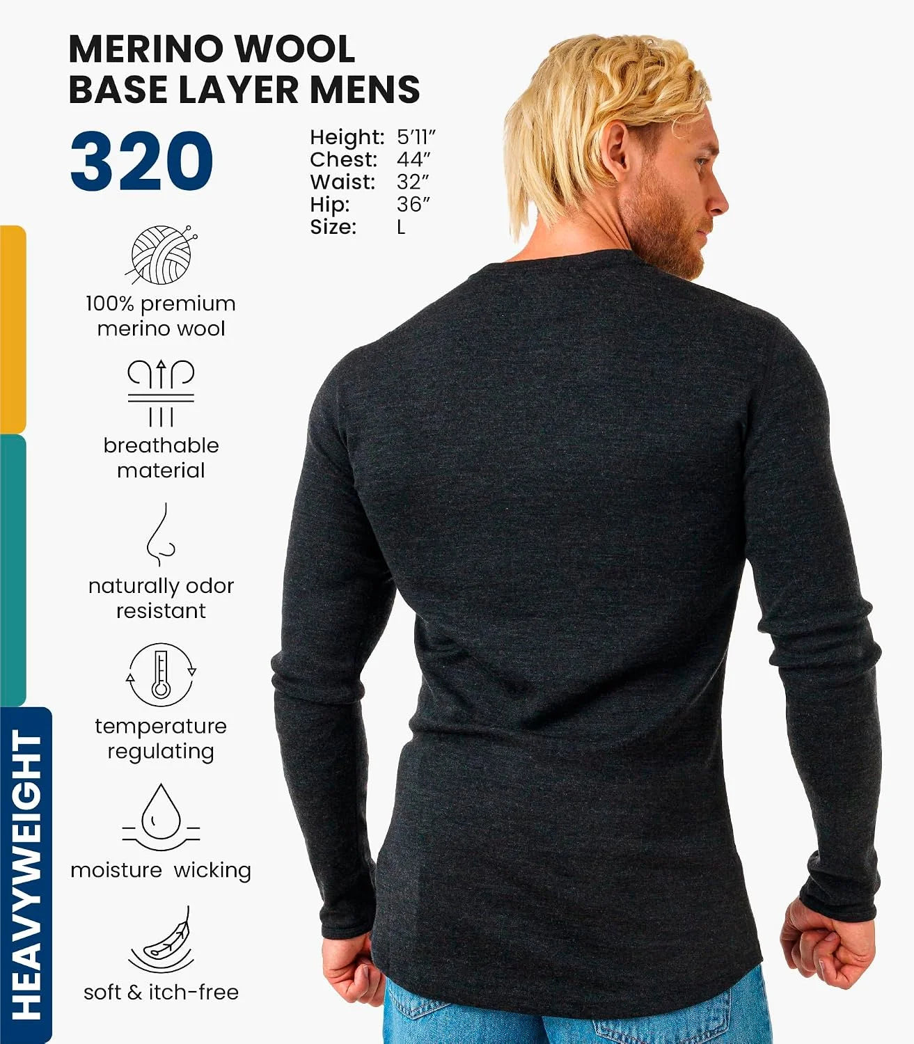 100% Merino Wool Base Layer Mens - Long Sleeve Thermal Shirts with Socks