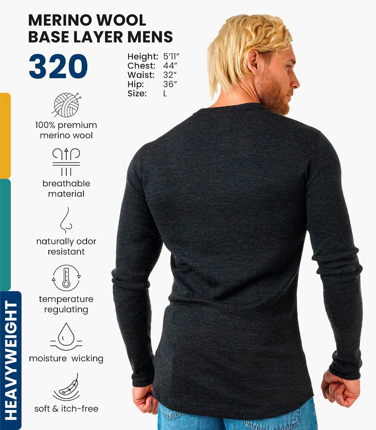 100% Merino Wool Base Layer Mens - Long Sleeve Thermal Shirts with Socks