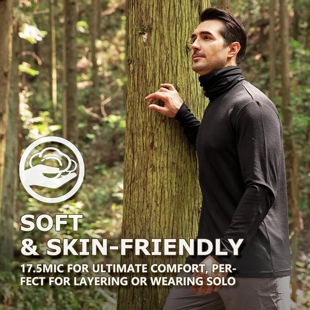 100% Merino Wool Base Layer for Men Long Sleeve Crew Neck Thermal Shirt