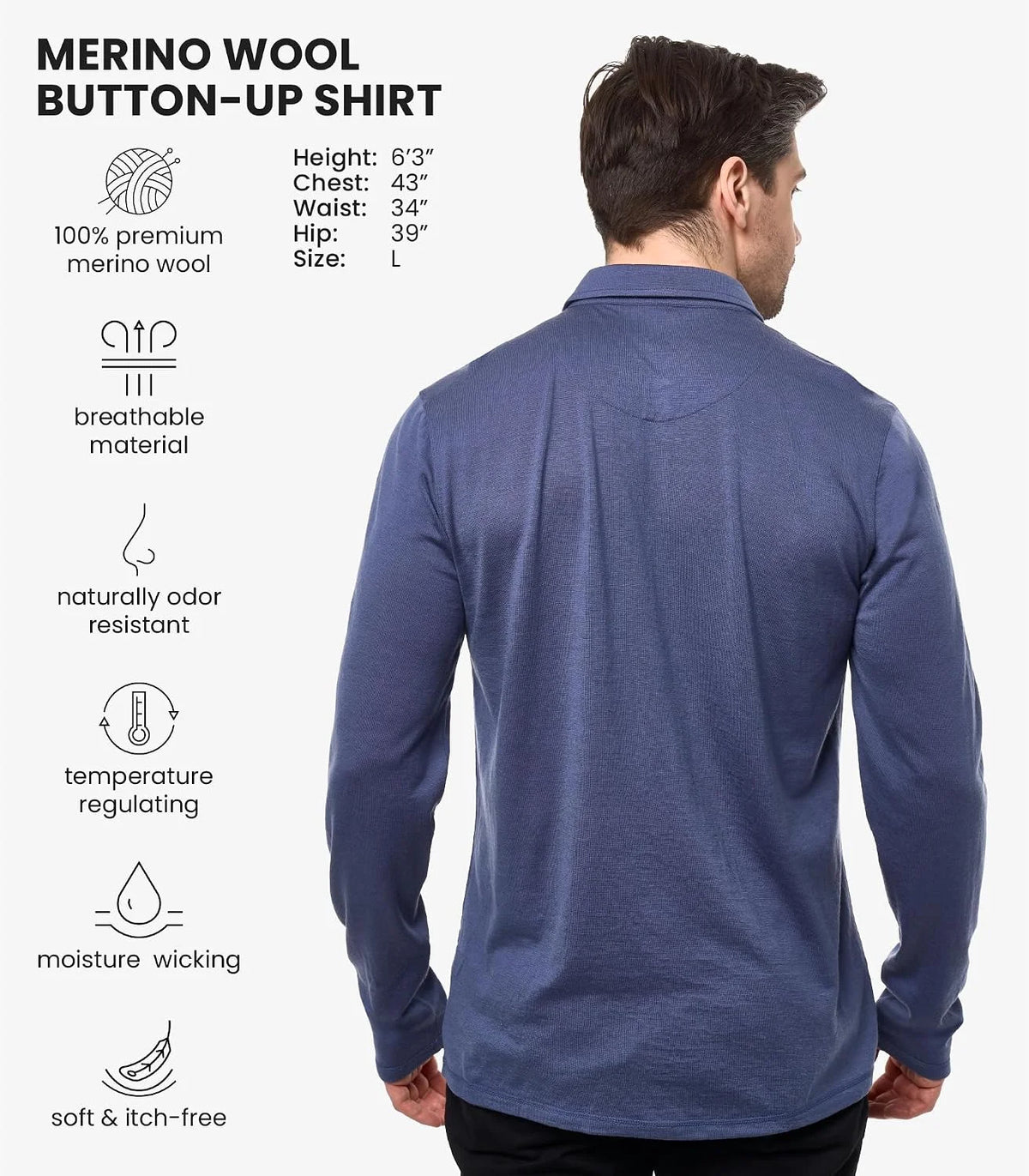 100% Merino Wool Button Up Shirt Men - Long & Short Sleeve Breathable