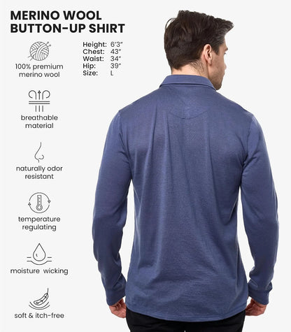 100% Merino Wool Button Up Shirt Men - Long & Short Sleeve Breathable