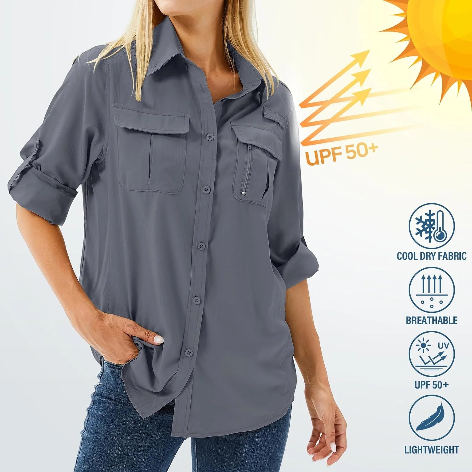 Women's UPF 50 Long Sleeve Sun Protection Safari Fish Hiking Shirts