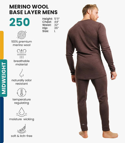 100% Merino Wool Base Layer Men Set - Thermal Underwear for Men Long Johns