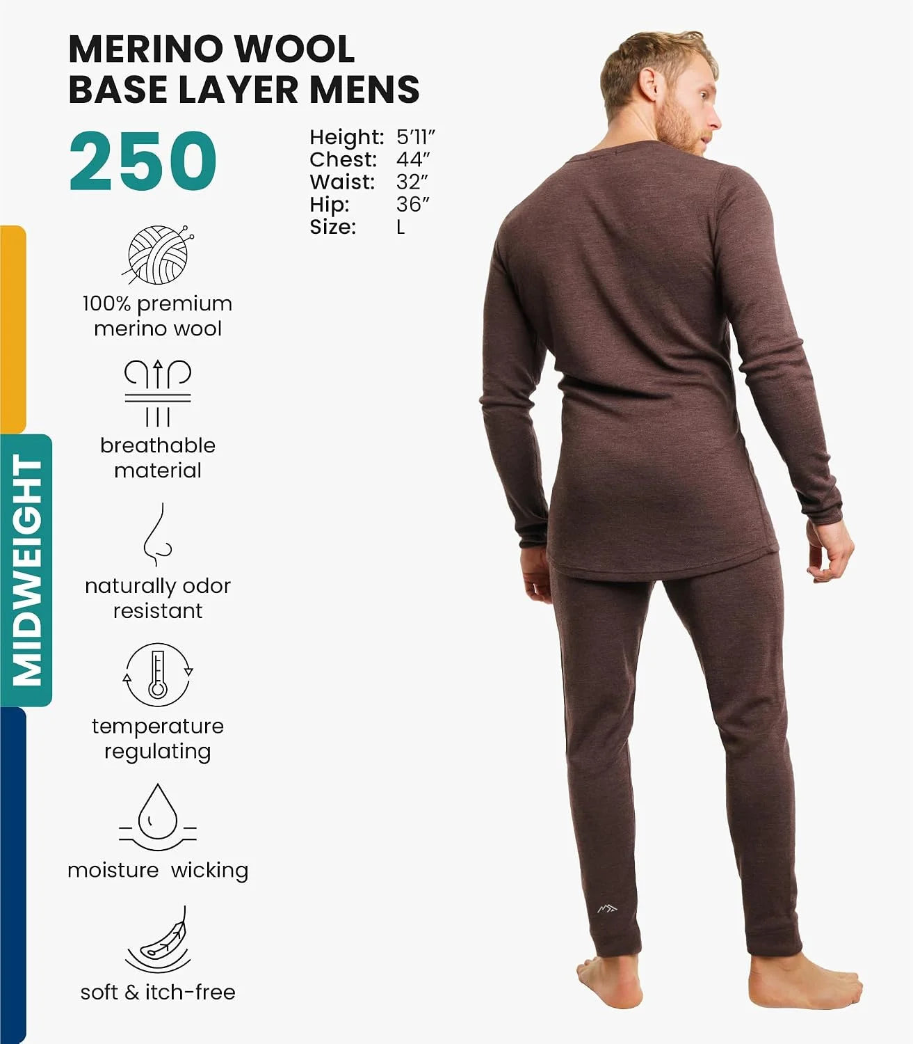 100% Merino Wool Base Layer Men Set - Thermal Underwear for Men Long Johns