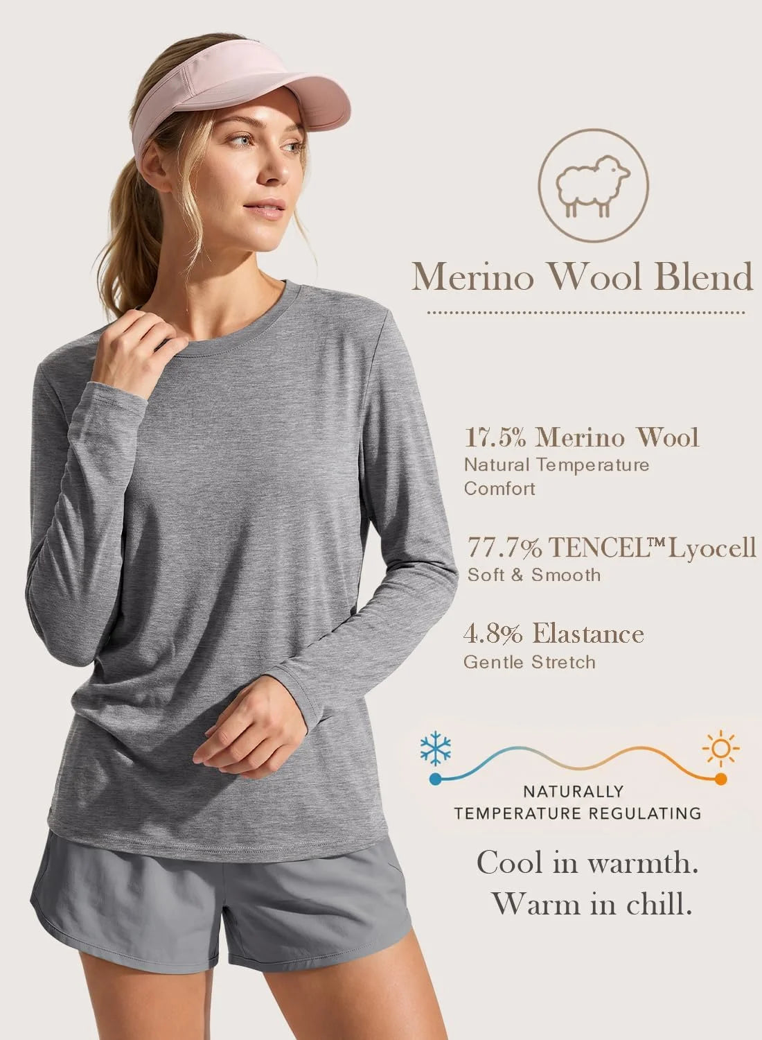 Merino Wool Shirt Women Lightweight Breathable Basic Tees Long Sleeve Sun Protection Shirts