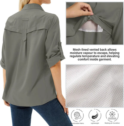 Women's UPF 50 Long Sleeve Sun Protection Safari Fish Hiking Shirts