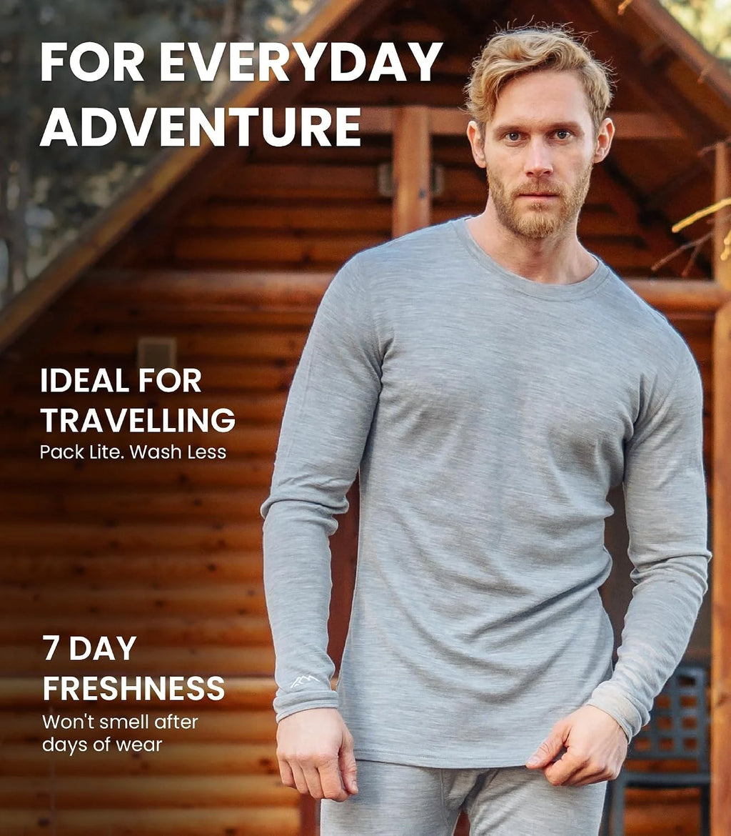 100% Merino Wool Base Layer Mens - Long Sleeve Thermal Shirts with Socks | Lightweight, Midweight, Heavyweight Base Layer, Naturally Odor-Resistant, Breathable Shirt, Ideal for Hiking, Cold Weather
