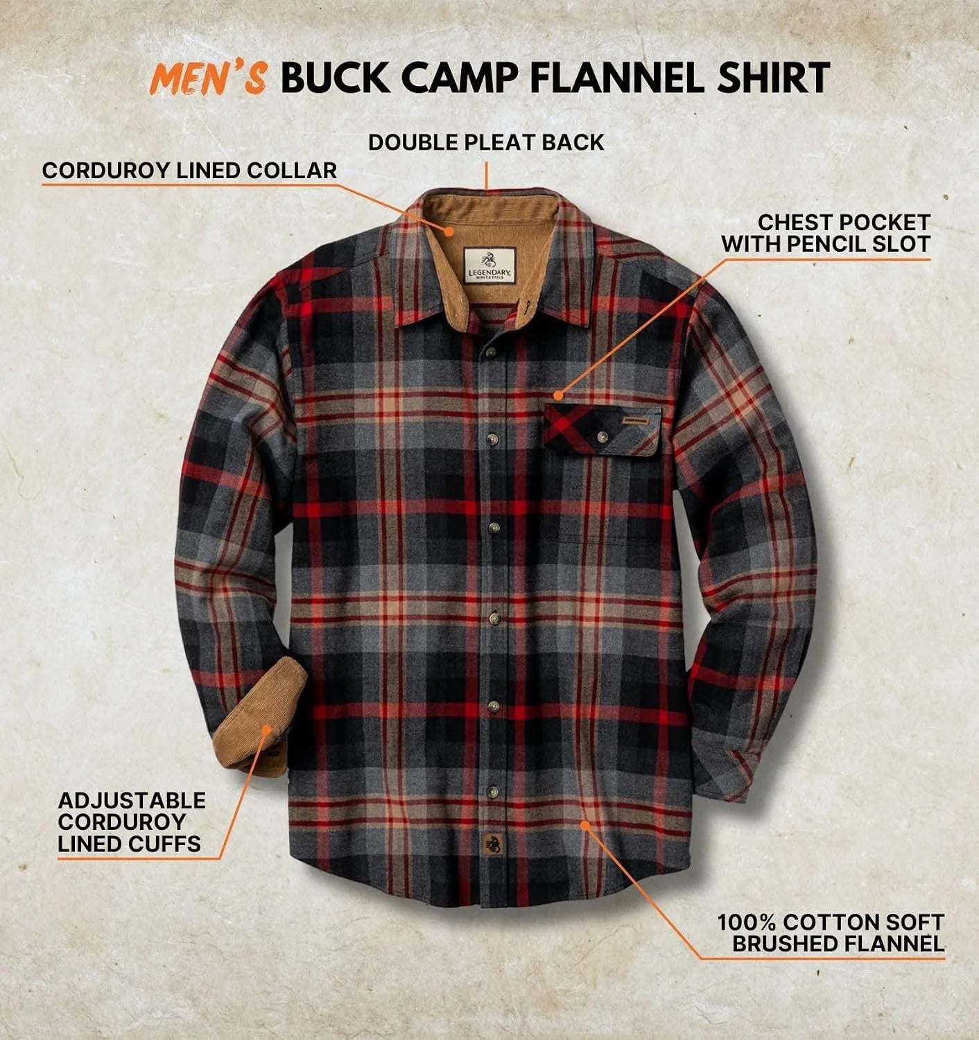Legendary Whitetails Mens Flannel Long Sleeve Button Down 100% Cotton Shirt