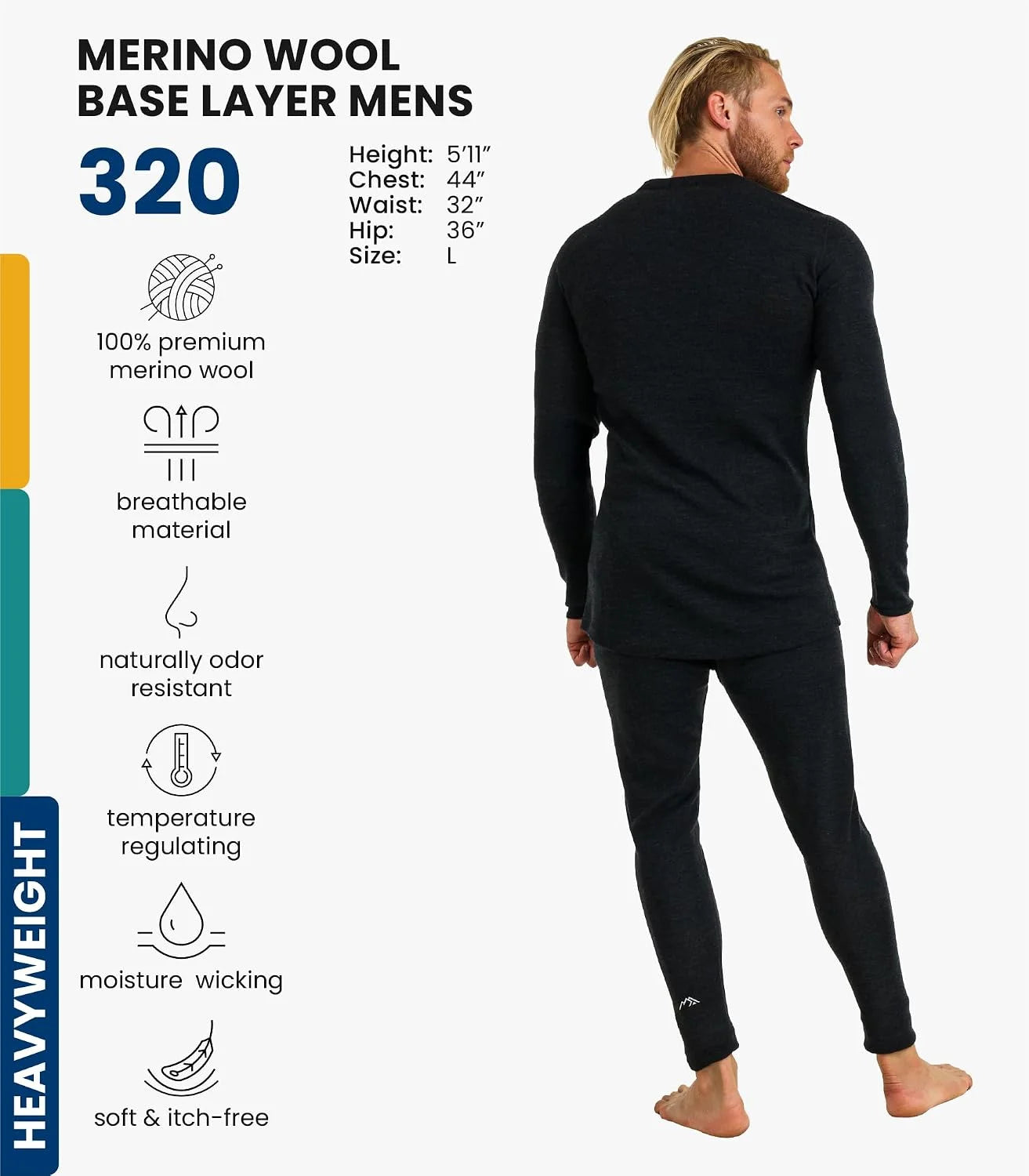 100% Merino Wool Base Layer Men Set - Thermal Underwear for Men Long Johns