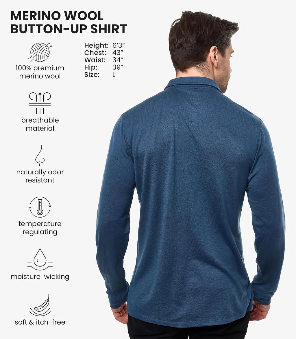 100% Merino Wool Button Up Shirt Men - Long & Short Sleeve Breathable