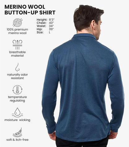 100% Merino Wool Button Up Shirt Men - Long & Short Sleeve Breathable