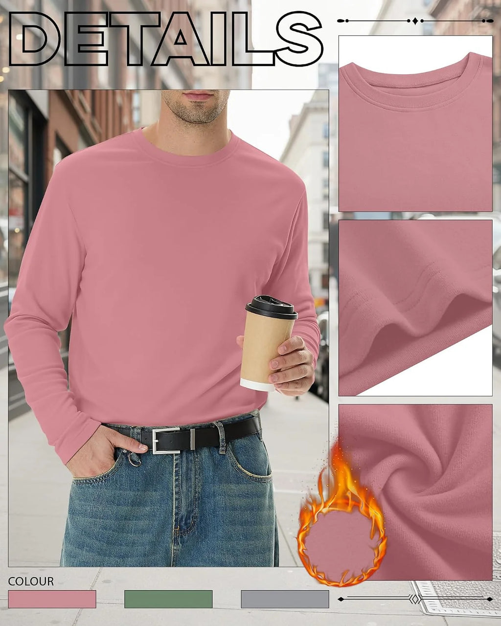 3 Pack Mens Long Sleeve Thermal Shirts Crew Neck Tops