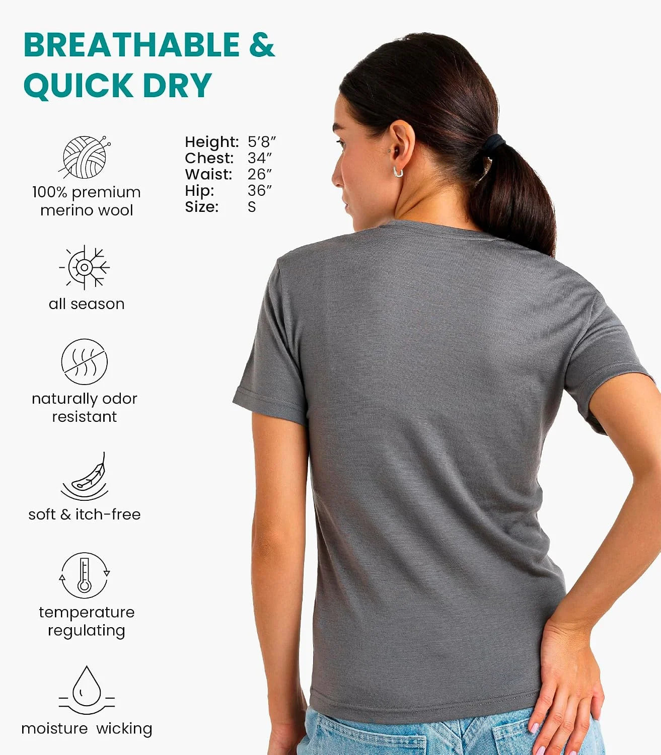 100% Merino Wool Shirt Women - Short Sleeve Tee Base Layer Top Undershirt