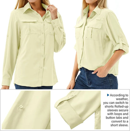 Women's UPF 50 Long Sleeve Sun Protection Safari Fish Hiking Shirts