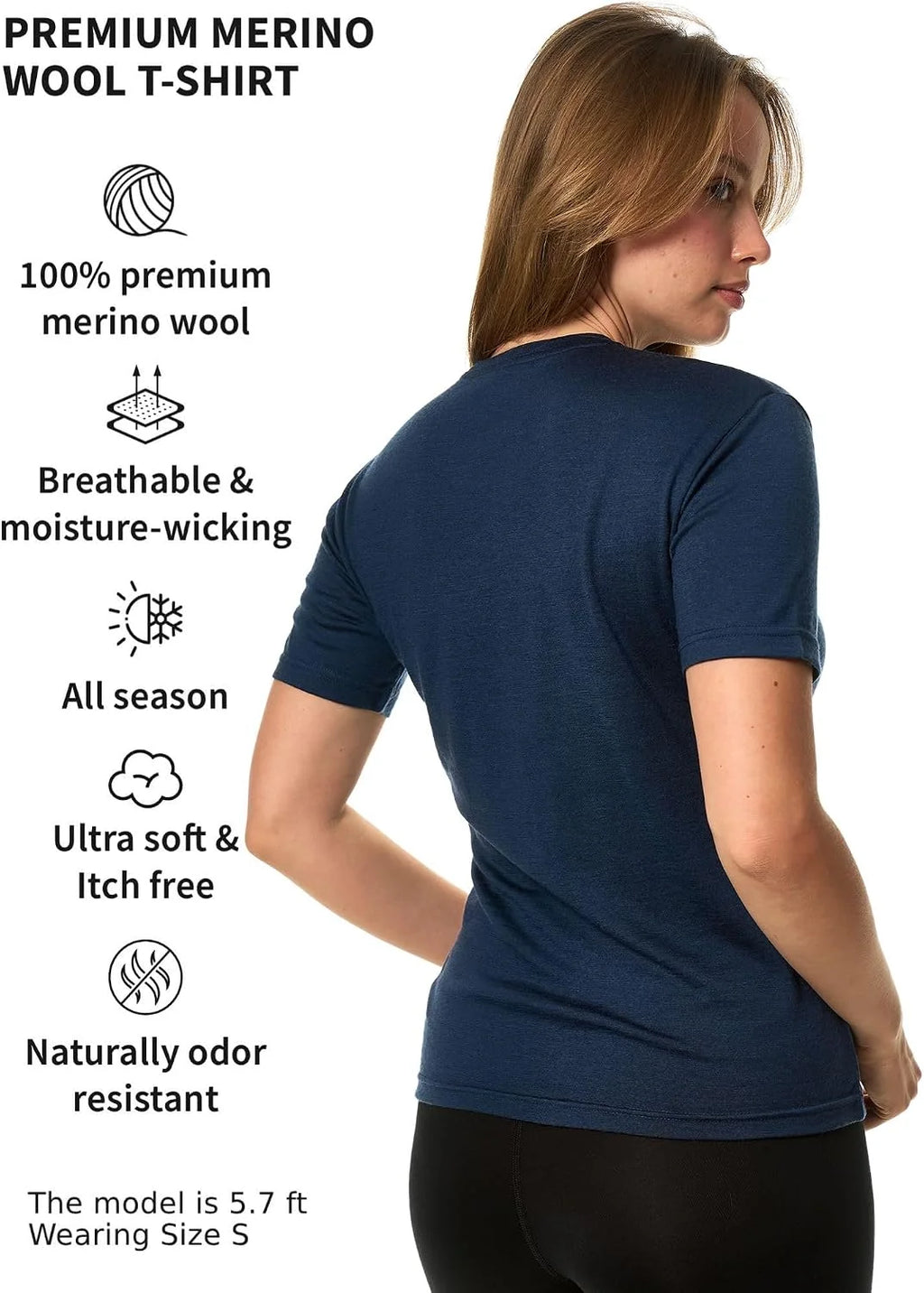 100% Merino Wool Shirt Women - Short Sleeve Tee Base Layer Top Undershirt