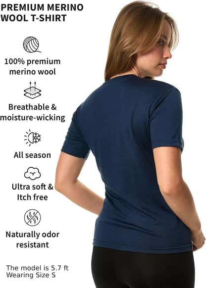 100% Merino Wool Shirt Women - Short Sleeve Tee Base Layer Top Undershirt