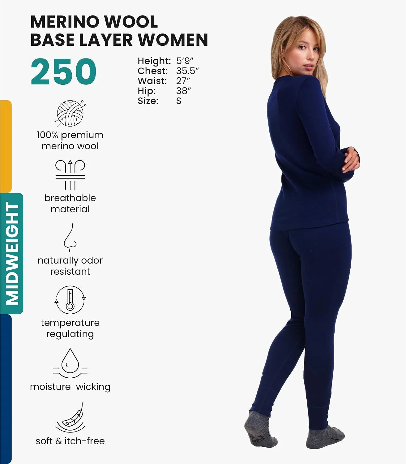 100% Merino Wool Base Layer Women Set - Thermal Underwear Women Top, Bottom