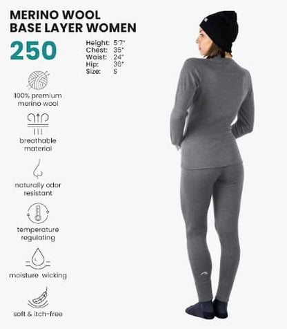 100% Merino Wool Base Layer Women Set - Thermal Underwear Women Top, Bottom | Lightweight, Midweight, Heavyweight Base Layer, Moisture-Wicking, Breathable Active Underwear, Hiking, Skiing, Camping